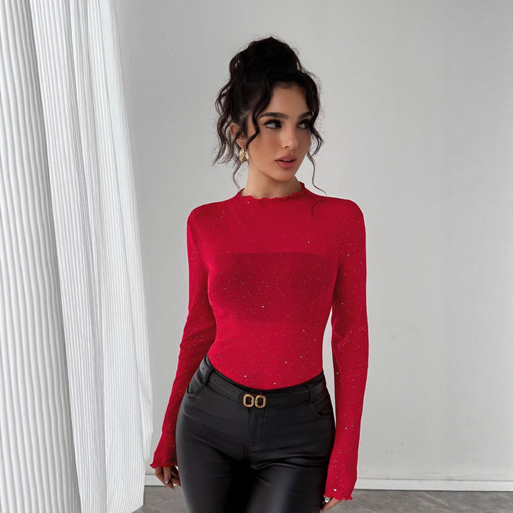 Women's figure-hugging fine knit top with stand-up collar and glitter yarn Mune Fashion