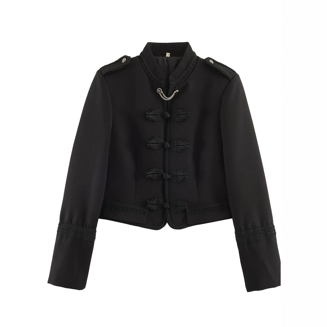 Women's Short Military-Style Blazer with Cord Decoration, Stand Collar and Decorative Frog Buttons Mune Fashion