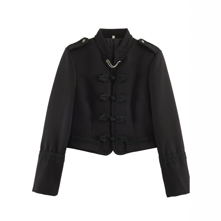 Women's Short Military-Style Blazer with Cord Decoration, Stand Collar and Decorative Frog Buttons Mune Fashion