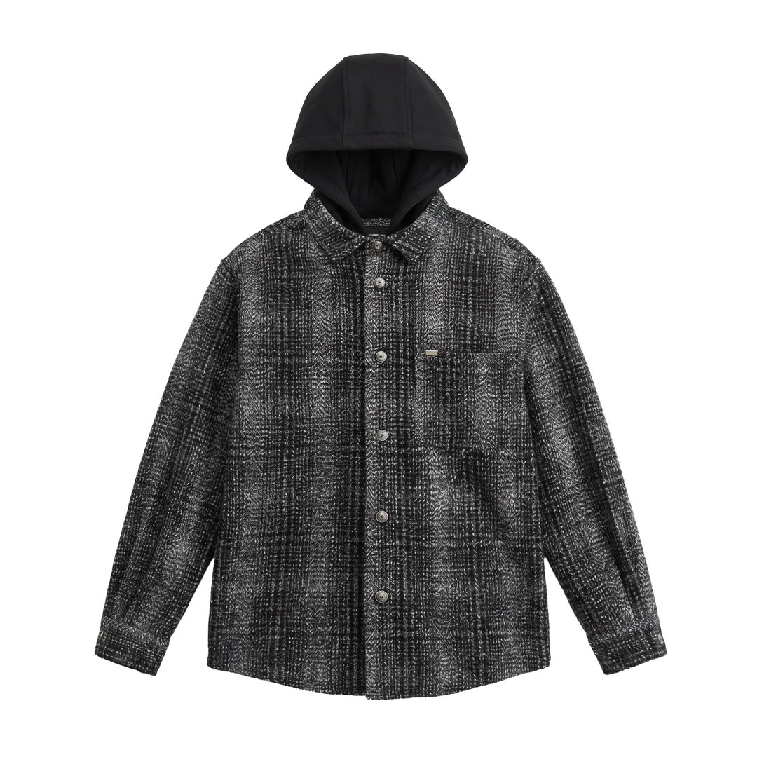 Men's Hooded Overshirt in Wool Blend with Check Pattern and Inserted Chest Pocket Mune Fashion