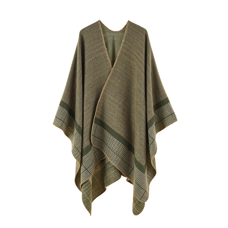 Women's wool blend poncho in asymmetric pointed cut with woven check border Mune Fashion