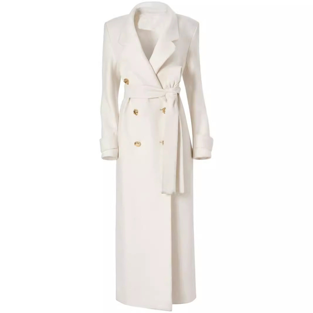 Women Long Double-Breasted Wool Coat with Waist Belt Mune Fashion