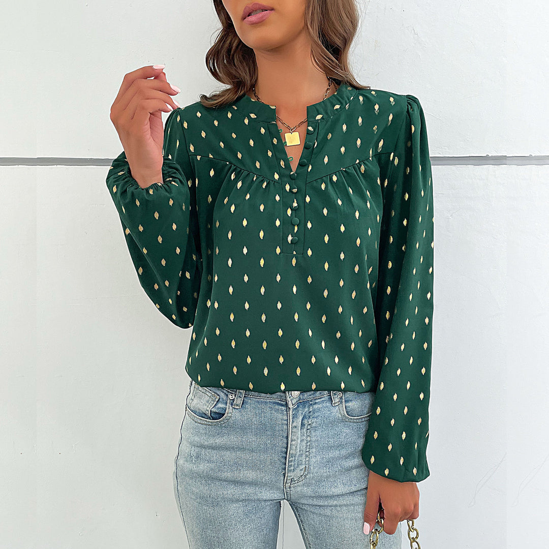 Women's Lightweight Viscose Blouse with Delicate Ikat Print, Stand Collar and Decorative Button Placket Mune Fashion
