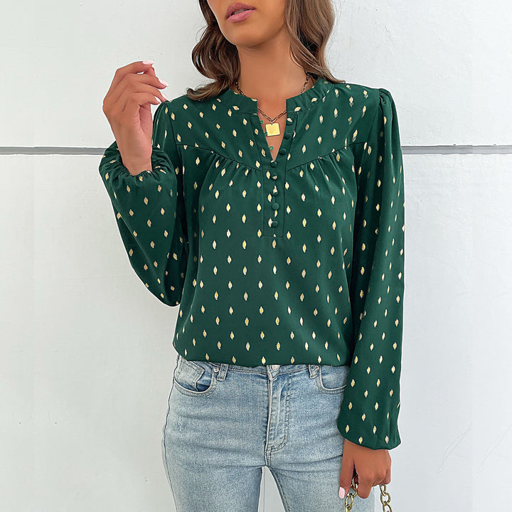 Women's Lightweight Viscose Blouse with Delicate Ikat Print, Stand Collar and Decorative Button Placket Mune Fashion
