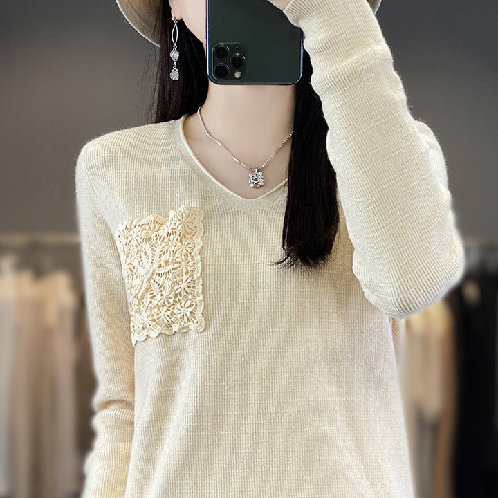 Women's Cashmere-Look V-Neck Sweater with Floral Crochet Appliqué Mune Fashion