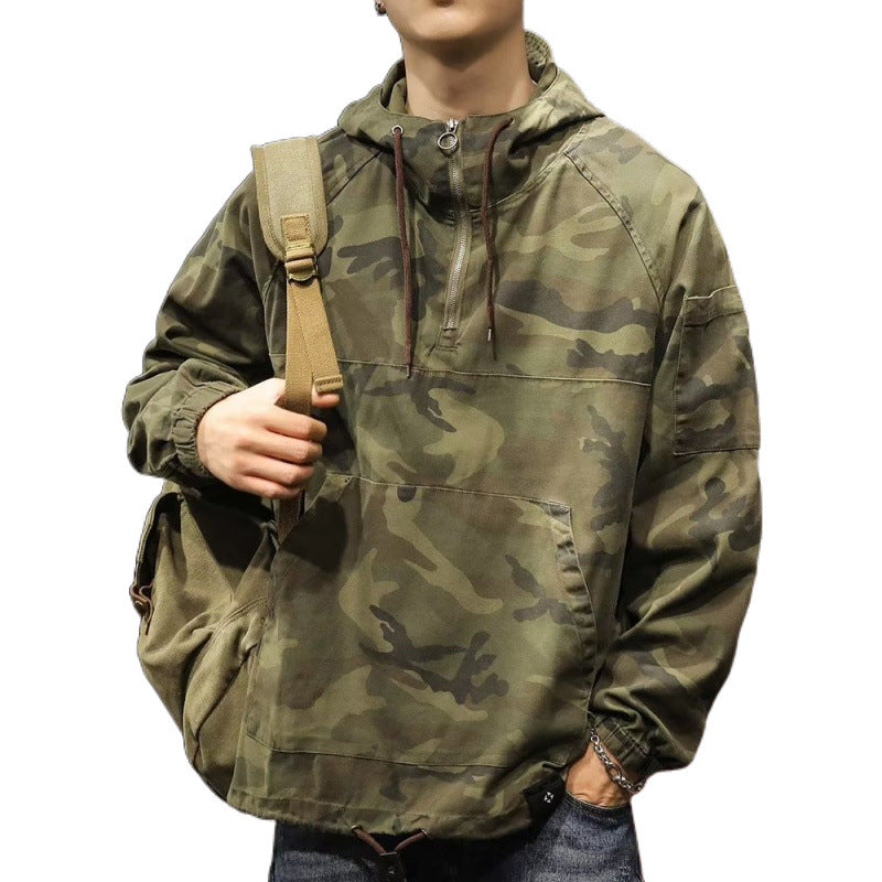Men's Hooded Anorak with Half Zip, Kangaroo Pocket and Drawstring Hem Mune Fashion