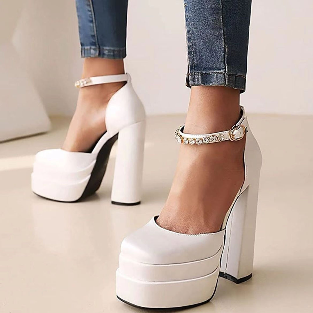 Women's ankle strap sandals with sculptural block heel, square toe, and crystal-embellished ankle strap Mune Fashion