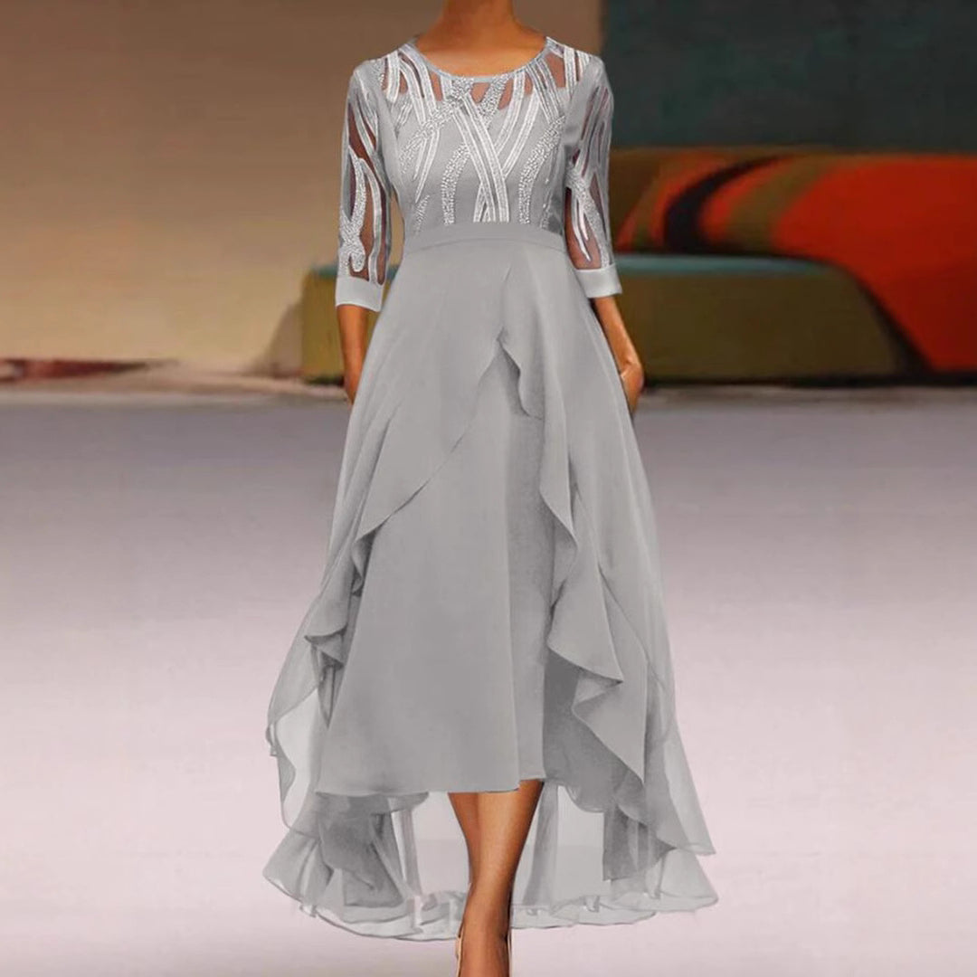 Women's elegant chiffon evening dress with embroidered tulle bodice, three-quarter sleeves, and asymmetric tiered hem Mune Fashion
