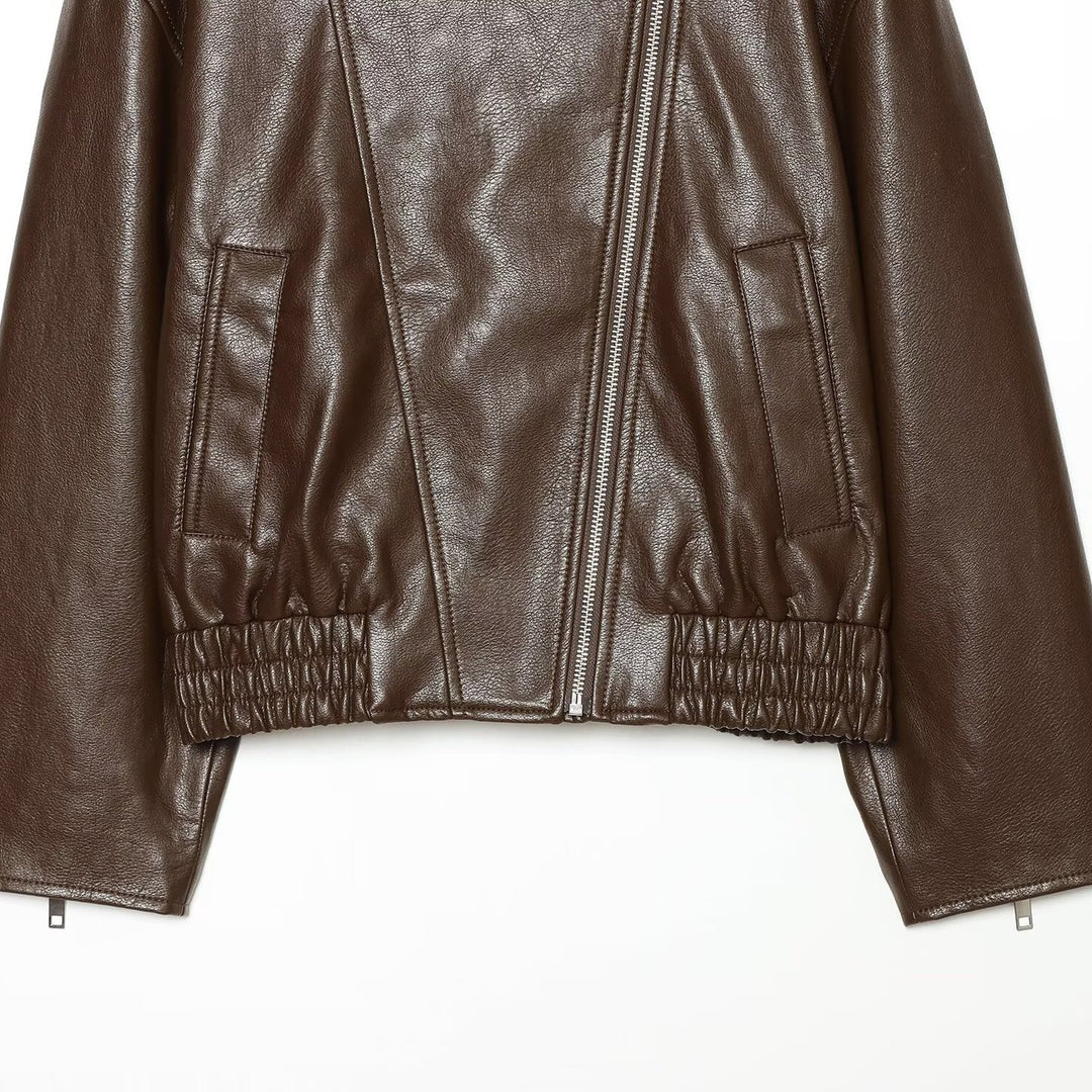 Women tailored leather-look biker jacket with high funnel collar Mune Fashion