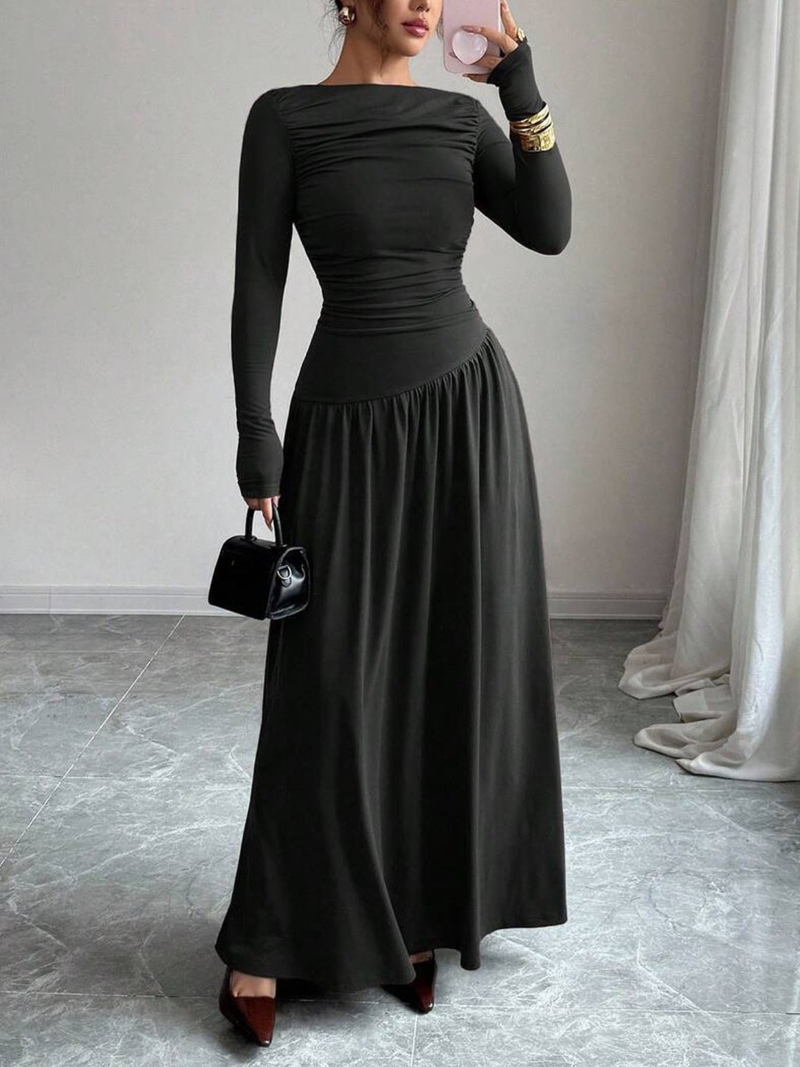Ladies Maxi Dress with Ruched Bodice, Fitted Waist and Long Sleeve Mune Fashion