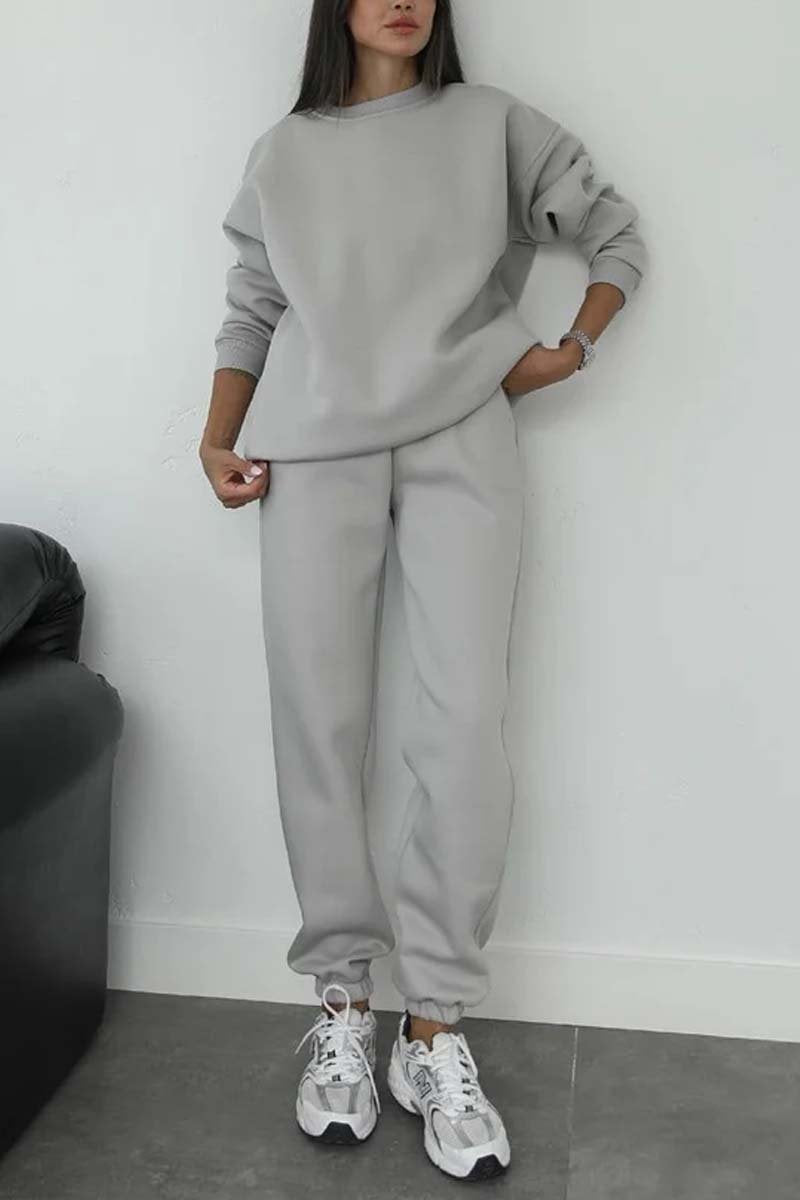 Women's minimalist cozy set made of heavy French terry with wide crew neck sweater and straight joggers Mune Fashion