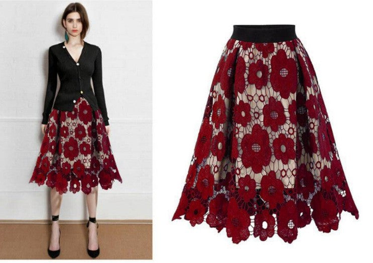 Women's A-line midi skirt made of floral lace appliqué with curved hem Mune Fashion