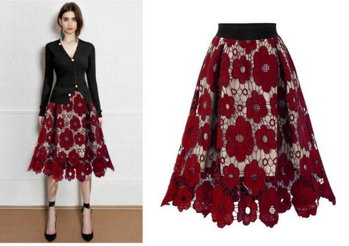 Women's A-line midi skirt made of floral lace appliqué with curved hem Mune Fashion