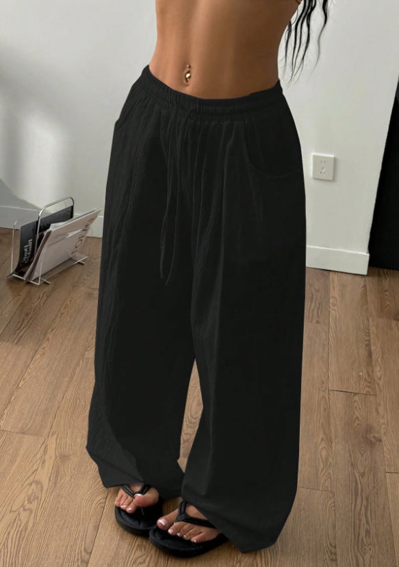 Women's wide linen-like lounge pants with elastic waistband and drawstring Mune Fashion