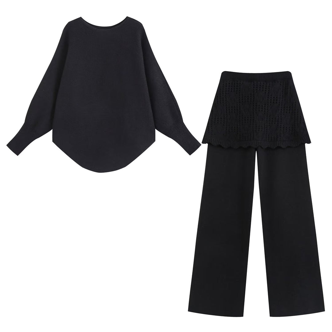 Ladies Two-Piece Knit Set with Oversized Sweater, Lace Pattern Mini Skirt and Wide Palazzo Pants Mune Fashion