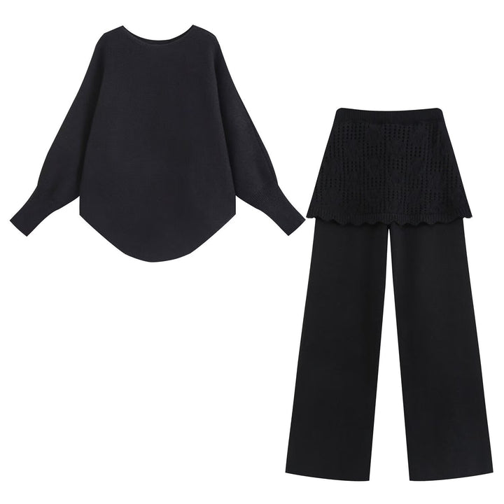 Ladies Two-Piece Knit Set with Oversized Sweater, Lace Pattern Mini Skirt and Wide Palazzo Pants Mune Fashion