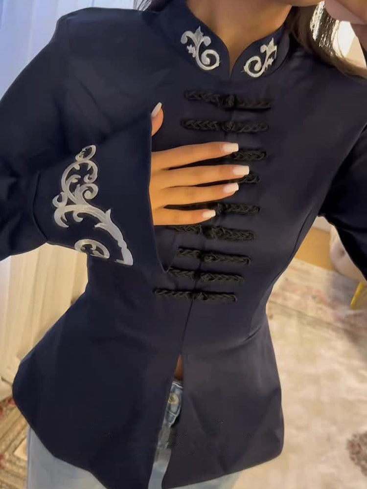 Women tailored satin jacket with mandarin collar, decorative cord closures and embroidered cuffs Mune Fashion