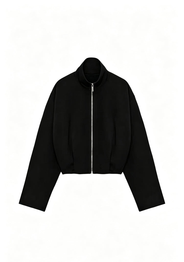 Women Short Boxy Jacket with Stand-up Collar and Visible Metal Zipper Mune Fashion
