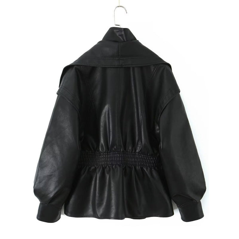 Women's Faux Leather Jacket with Wide Shawl Collar and Gathered Waistband Mune Fashion