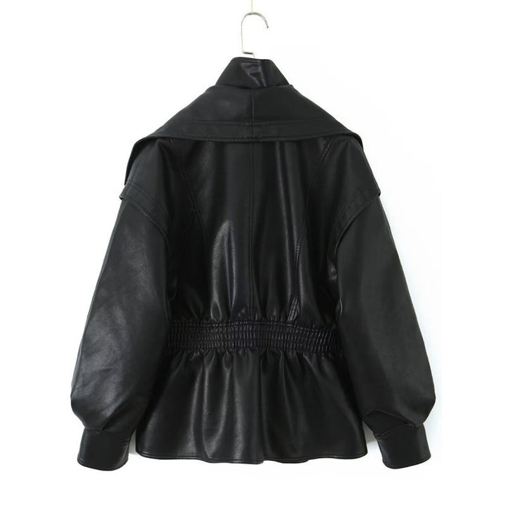 Women's Faux Leather Jacket with Wide Shawl Collar and Gathered Waistband Mune Fashion