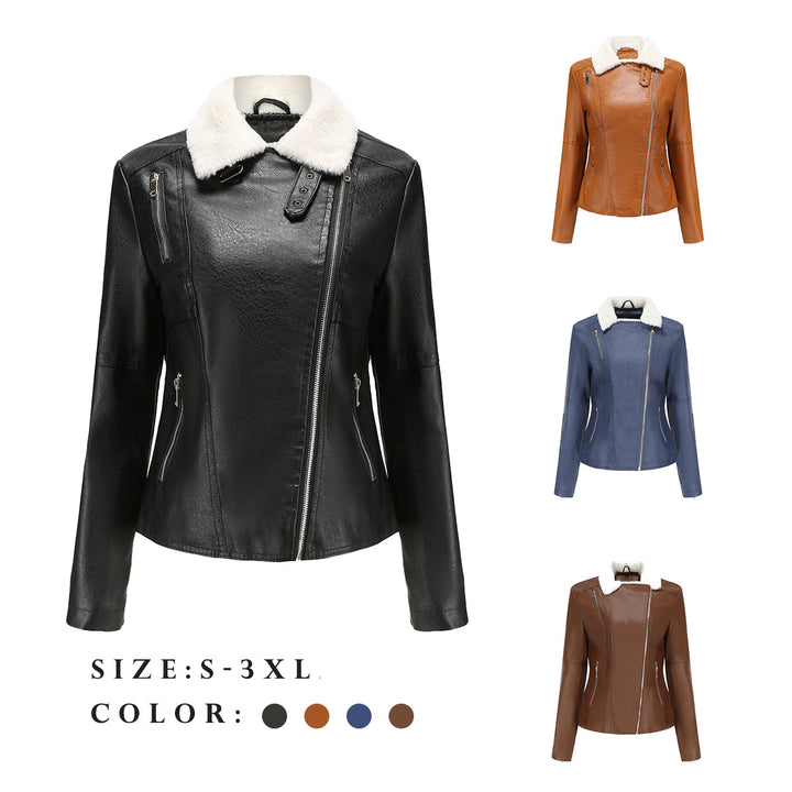 Women's fitted faux leather biker jacket with detachable faux fur collar and diagonal zipper Mune Fashion