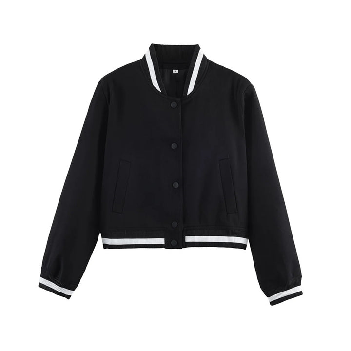 Women's short-cut bomber jacket in varsity style with ribbed cuffs and snap button closure Mune Fashion