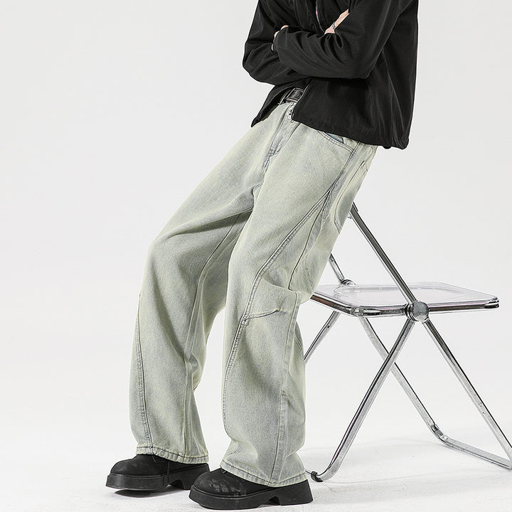 Men's Wide Stonewashed Panel Denim Pants with Drop Crotch and Distinctive Decorative Stitching Mune Fashion