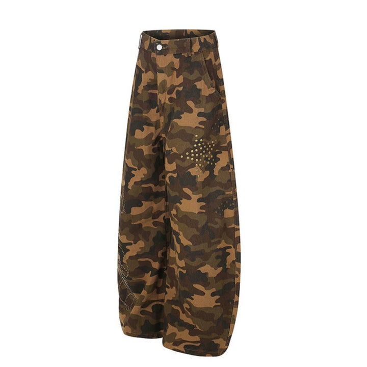 Women's Wide Camouflage Palazzo Pants with Balloon Hem and Studded Details Mune Fashion
