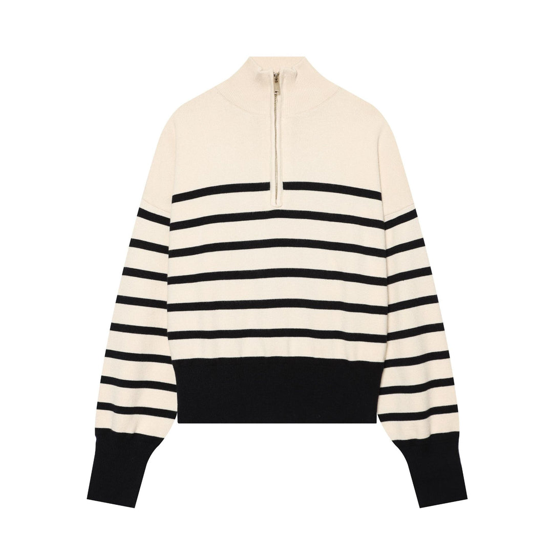 Women Striped Cropped Knit Sweater with Half Zip and Stand Collar Mune Fashion