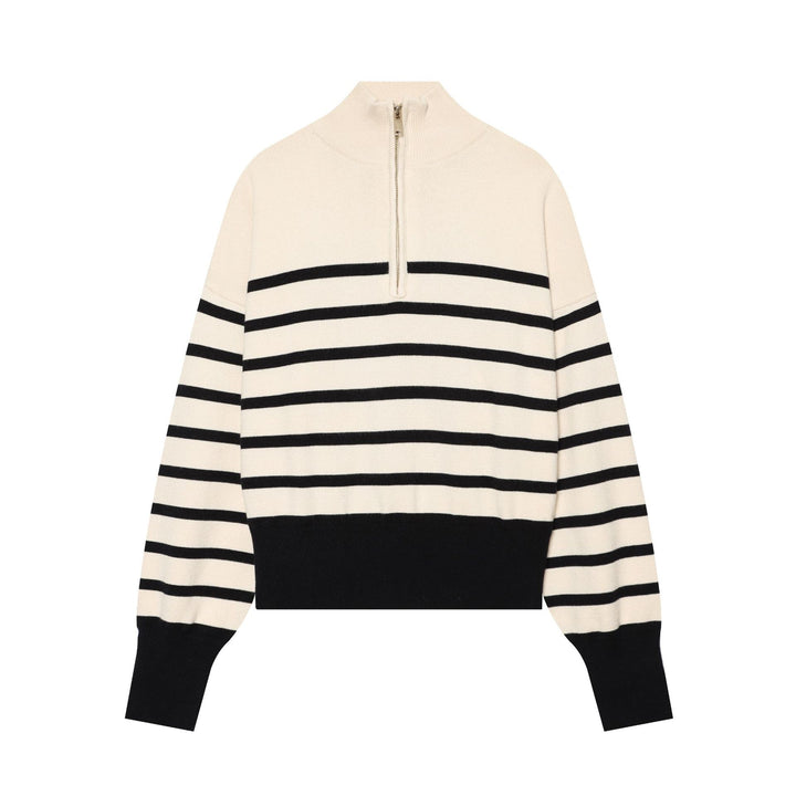Women Striped Cropped Knit Sweater with Half Zip and Stand Collar Mune Fashion