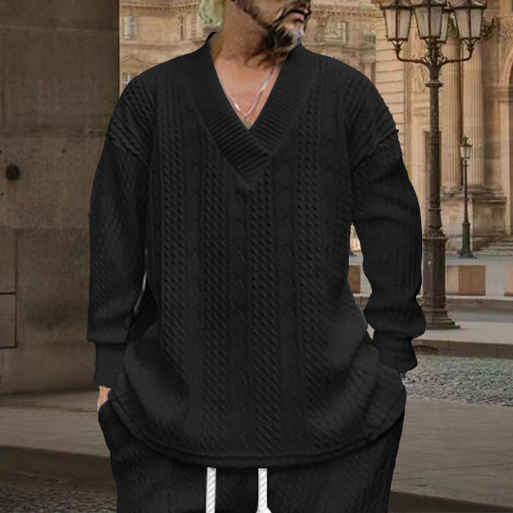 Men's chunky knit V-neck sweater with cable pattern and relaxed fit Mune Fashion