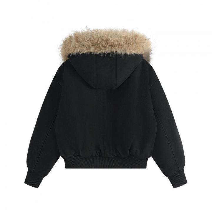Women Short Boxy Bomber with Hood and Removable Faux Fur Trim Mune Fashion