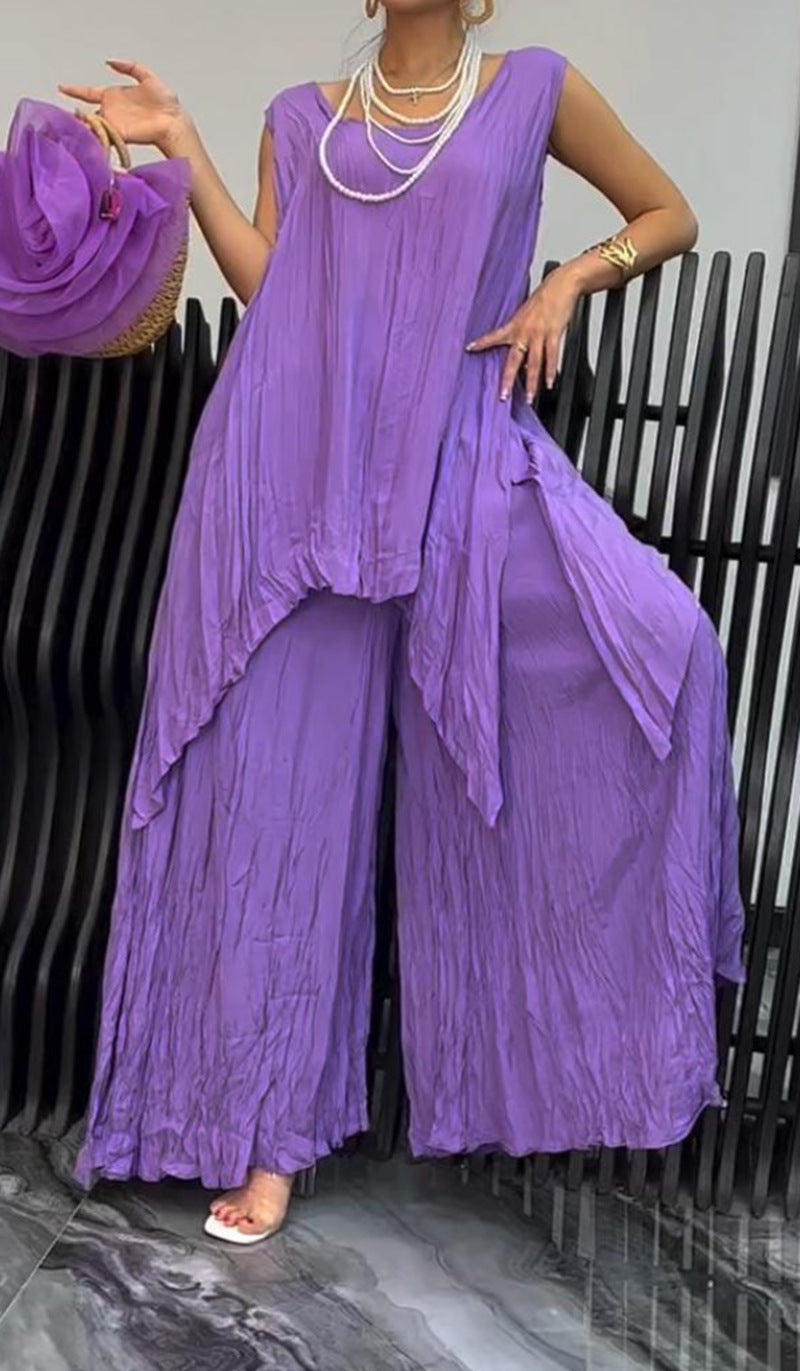 Women two-piece set in airy crinkle look with sleeveless tunic and wide palazzo pants Mune Fashion