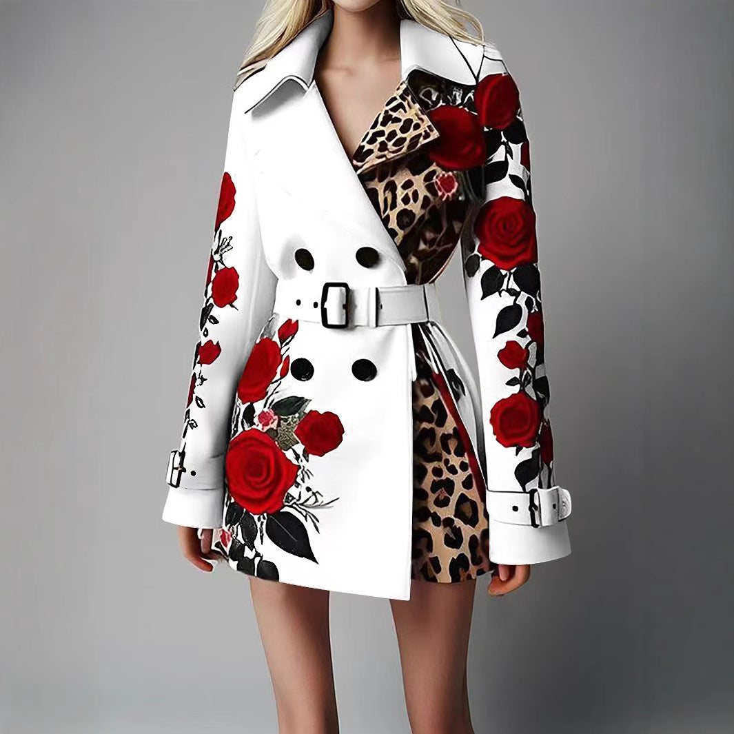 Women Tailored Trench Coat with Rose Print and Leopard Lining Mune Fashion