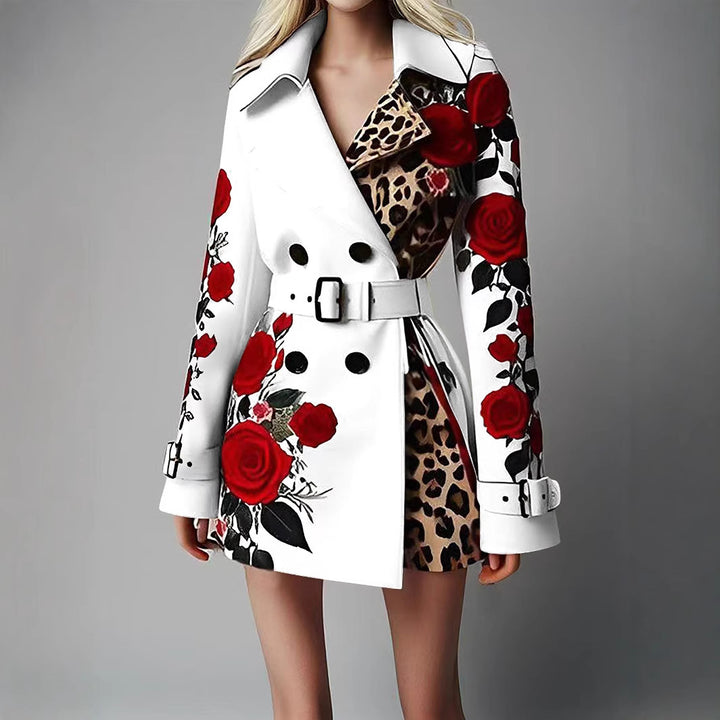 Women Tailored Trench Coat with Rose Print and Leopard Lining Mune Fashion