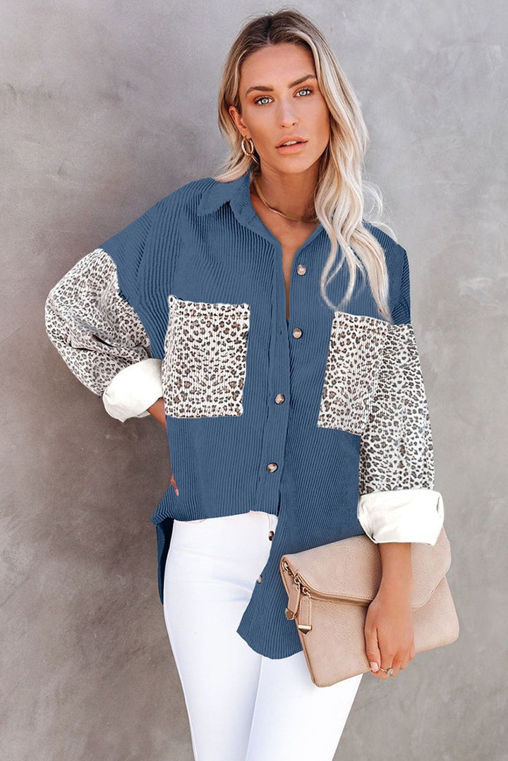 Women's Oversize Cord Shirt with Continuous Button Placket, Leo Contrast Sleeves and Patch Pockets Mune Fashion