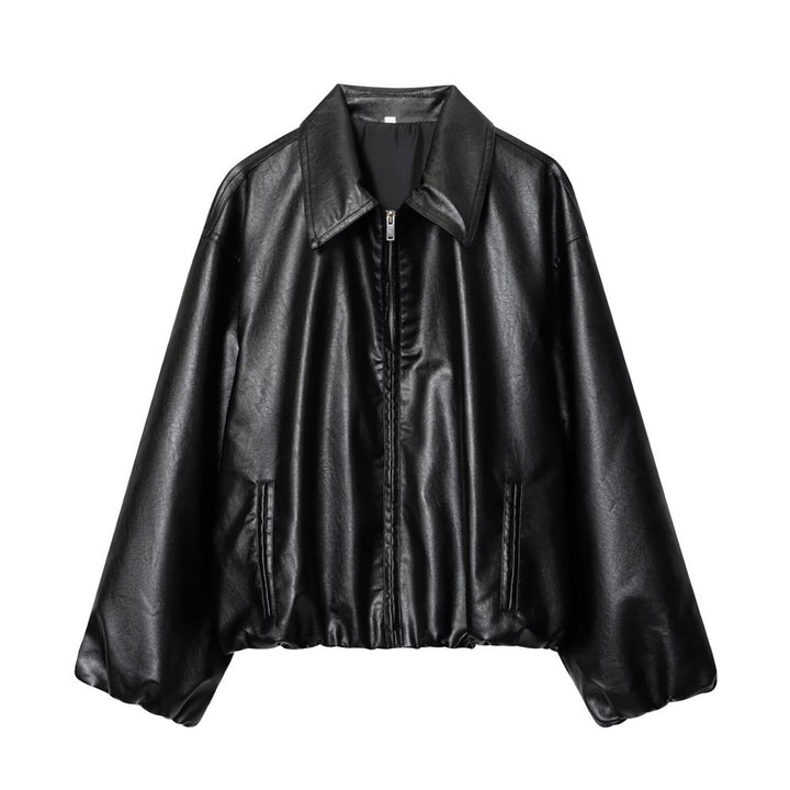 Women's short-cut oversized blouse jacket made of vegan leather with shirt collar and elastic hem Mune Fashion