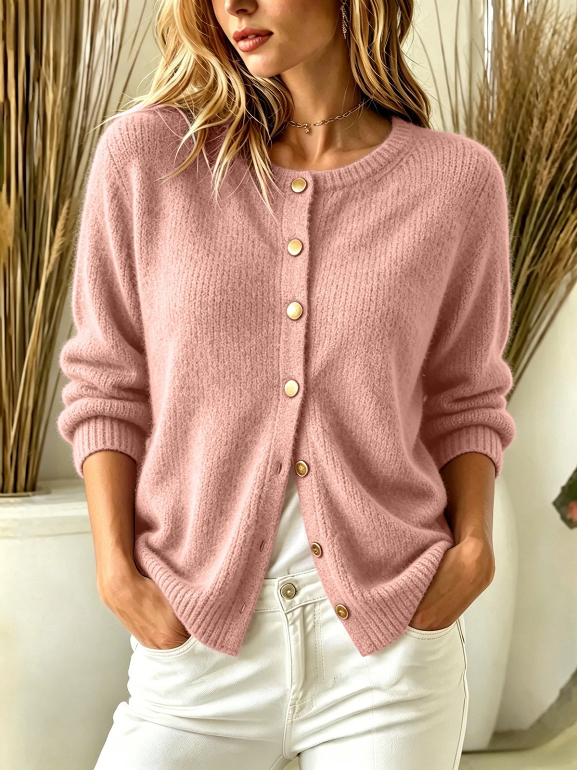 Women's Cozy Knit Cardigan with Round Neckline and Gold Decorative Buttons Mune Fashion