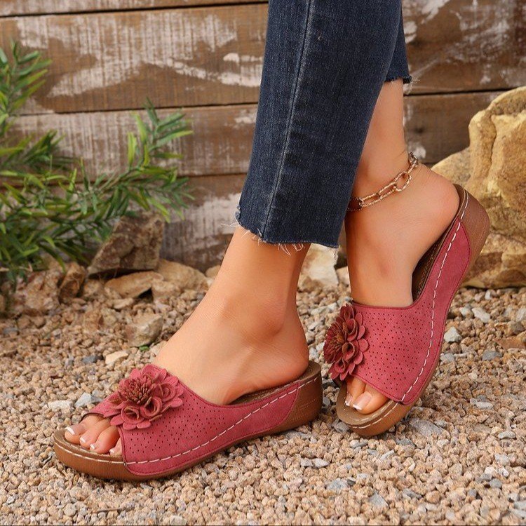 Women's Perforated Wedge Sandals as Slip-On with Flower Application and Padded Footbed Mune Fashion
