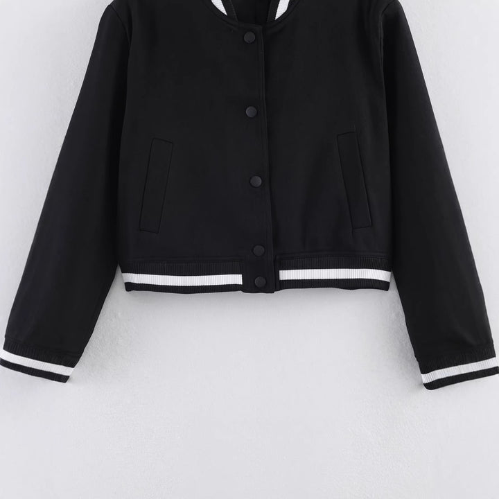 Women's Cropped Boxy Bomber Jacket with Ribbed Cuffs and Snap Placket Mune Fashion
