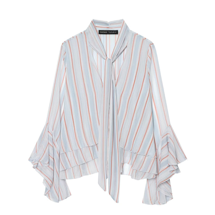 Women's 10+ airy striped blouse cape with tie scarf and ruffle sleeves Mune Fashion