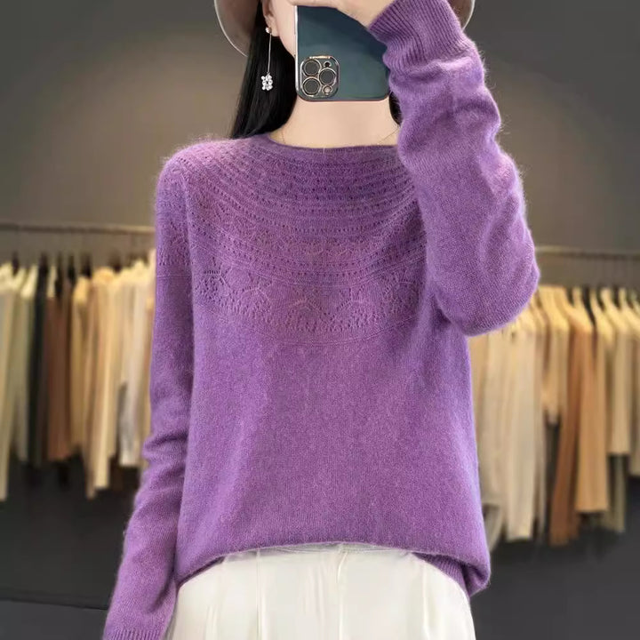 Ladies Soft Ajour-Yoke Round Neck Sweater in Cashmere-Look Fine Knit Mune Fashion