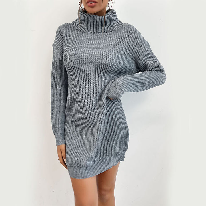 Women Loose Knitted Dress with Stand-up Collar Mune Fashion