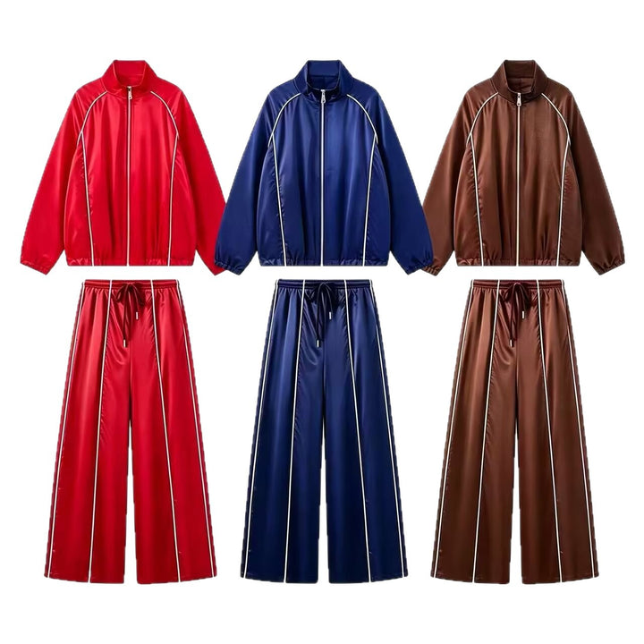 Women's Two-Piece Satin Training Set with Zip Jacket and Wide Track Pant Mune Fashion