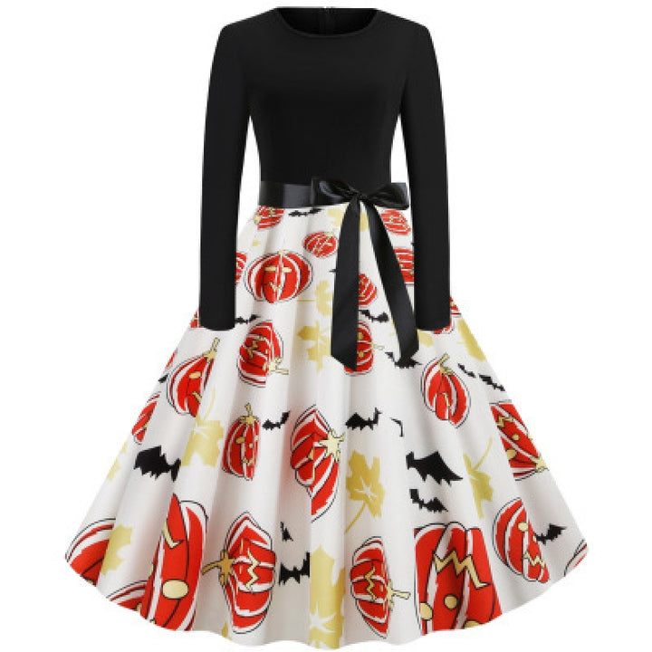 Women Vintage Swing Dress with Pumpkin Print, Long Sleeved and Tailored Satin Bow Mune Fashion