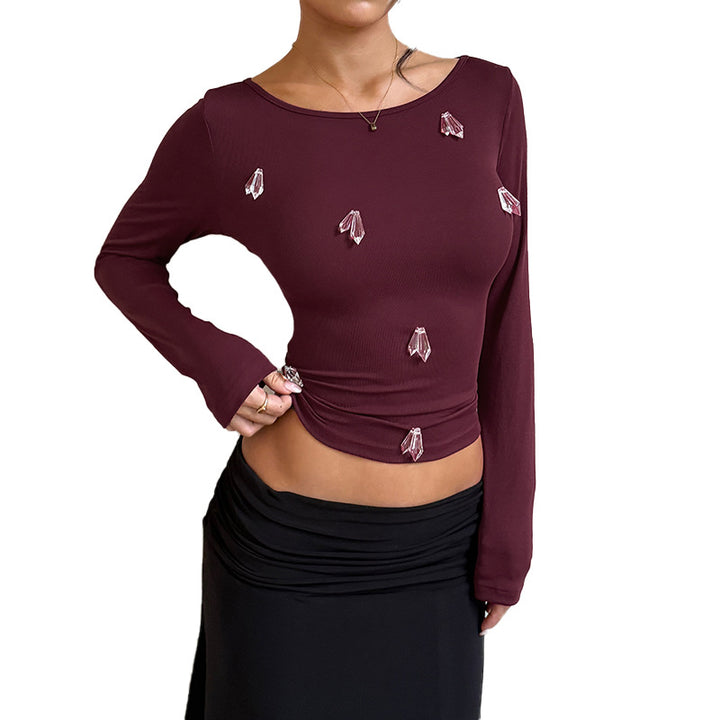 Women's Fitted Long Sleeve Shirt with Crystal Applications Mune Fashion