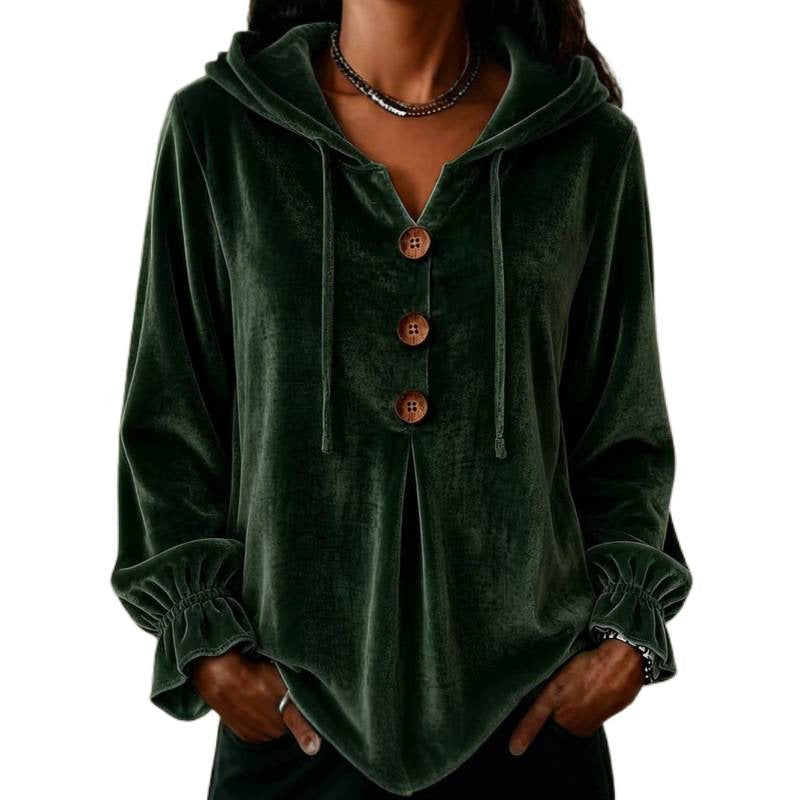 Women's Velvet Hoodie with Wooden Button Placket, Drawstring and Gathered Sleeves Mune Fashion