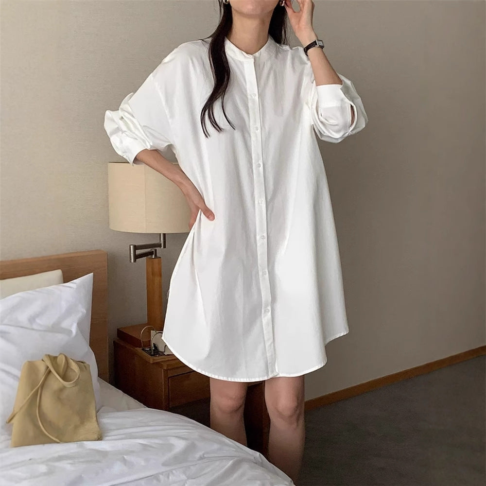 Women's Wide Cotton Shirt Dress with Stand Collar, Oversized Cut and Rounded Hem Mune Fashion