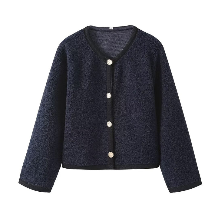 Women Boucle Cardigan with Button Placket and Round Neck Mune Fashion