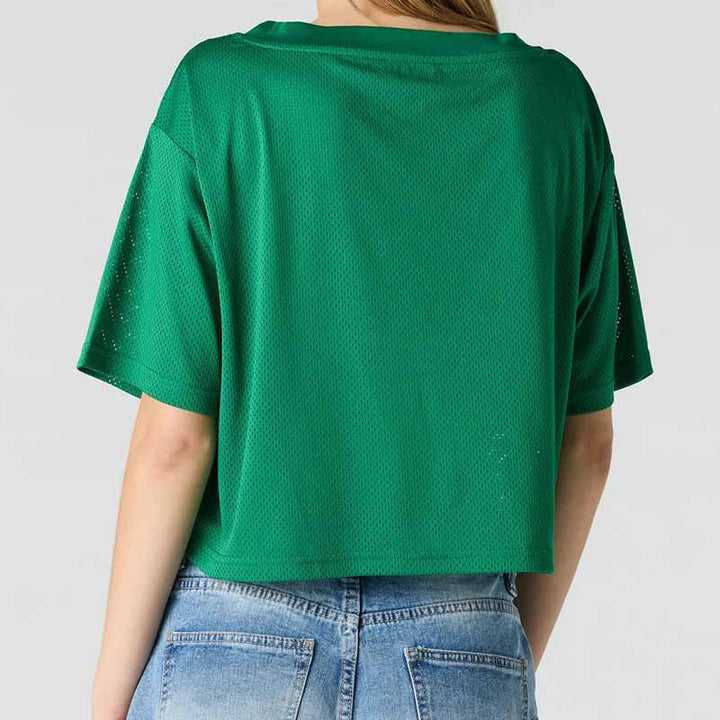 Women's Oversized Cropped Sports Shirt with Mesh Inserts and Graphic Print Mune Fashion